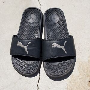 Puma Black Slides Slip On Sandals Silver Logo Everyday Casual Shower Summer